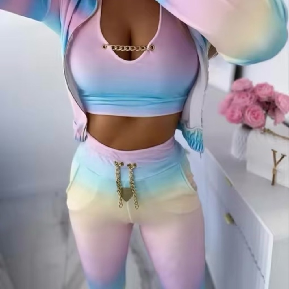 Gold Link Chain Ombre Matching 3 Piece Women’s Velvet Tank Top Velour Tracksuit - Picture 6 of 9